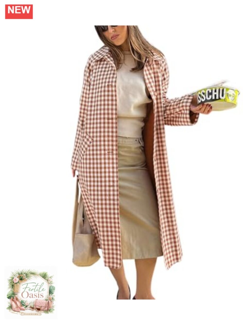 Women's Plaid Long Trench Coat Single Breasted Casual Jacket